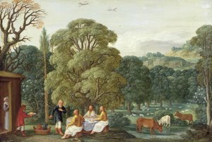 Abraham recibiendo a los tres ángeles de Johann or Hans Konig