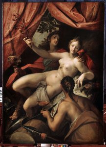 ""Alegoría de la Paz, el Arte y la Abundancia"" (Alegoría de la Paz, el Arte y la Abundancia). Al fondo, Arte y Ciencia simbolizados por una esfera y una paleta. En el medio, Paz sostiene una rama de olivo. La abundancia se representa con una copa. de Johann or Hans von Aachen