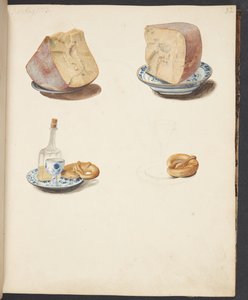 Bodegón con queso, aguardiente y brezel de Johanna Fosie