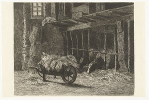 Interior de establo con vacas y carretilla con heno de Johanna Henriëtte Besier