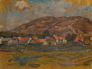 Paisaje con casas y montaña. de Johanna Kampmann Freund