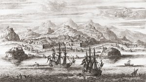 Barcos holandeses frente a Mascate, Omán, en el siglo XVII (grabado)