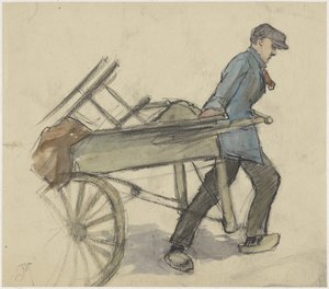Hombre tirando de un carro de mano de Johannes Abraham Mondt