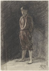 Hombre de pie con casco y patas de libro enrolladas de Johannes Abraham Mondt