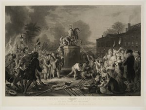 Derribando la Estatua de Jorge III, por los Hijos de la Libertad, en el Bowling Green, Ciudad de Nueva York, julio de 1770, grabado por John C. McRae