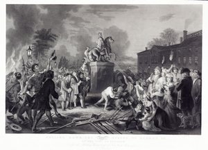 Derribando la estatua de Jorge III por los Hijos de la Libertad, en Bowling Green, Ciudad de Nueva York, julio de 1776, pub. 1875 de Johannes Adam Simon after Oertel