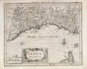 Ducado de Génova, Mapa de Jan Baptist Vrients del atlas alemán, grabado en cobre, mitad del siglo XVII de Johannes Baptista Vrints
