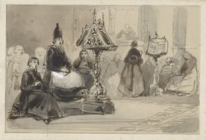 Interior de la iglesia con el obispo y las monjas cantando