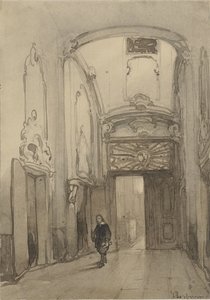Portal rococó del ayuntamiento de La Haya con un hombre vestido del siglo XVII