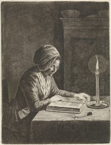 cuarto oscuro con mujer leyendo de Johannes Christiaan Janson