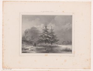 Paisaje de invierno con dos pinos.