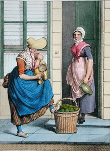 Una mujer vendiendo leche y verduras, ilustración de 