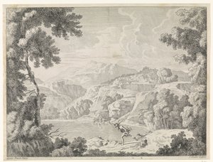 Acteón es convertido en ciervo por el baño de Diana. Paisajes después de Gaspar Poussin (título de la serie) de Johannes Glauber