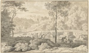 Paisaje arcádico con figuras junto a un lago