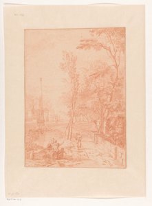 Arkadische Landschaft mit Figuren nahe einem Obelisken de Johannes Glauber