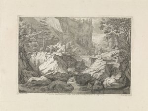 vista de una cascada Folleto en Monasterio vulgo dicto La Grande Chartreuse en Delphinatu (título sobre objeto) Paisajes en las montañas de Chartreuzer (título de la serie) de Johannes Glauber