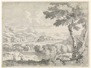 Paisaje montañoso con pastores Paisajes después de Gaspar Poussin (título de la serie) de Johannes Glauber