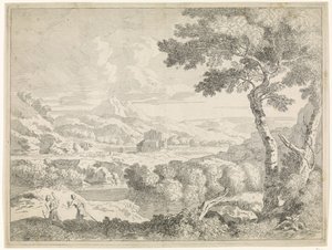 Paisaje montañoso con pastores Paisajes después de Gaspar Poussin (título de la serie) de Johannes Glauber