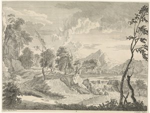 Paisaje montañoso con cascada Paisajes después de Gaspar Poussin (título de la serie) de Johannes Glauber