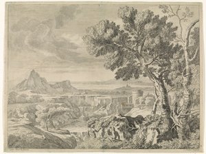 Paisaje con barranco y cascada Paisajes después de Gaspar Poussin (título de la serie) de Johannes Glauber