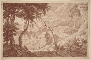 Paisaje montañoso con dos hombres descansando