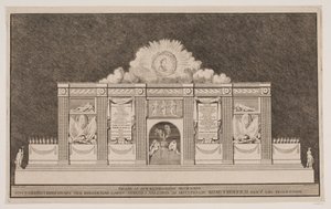 "Fachada de la decoración de iluminación que el Banqven en Copenhague ha erigido con motivo de la procesión fúnebre del rey Federico V" de Johannes Gottfred Bradt