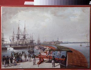 Vista de Reval (actual Tallinn (Tallin), en Estonia), el puerto y la artillería de la costa rusa (Vista de Reval, El Puerto y la Artillería de la Costa Rusa). Obra de Johannes Hau (1771-1838), acuarela sobre papel de Johannes Hau