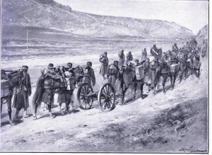 Una batería de cañones de campaña en camino a Ichon, ilustración de Cassells History of the Russo-Japanese War Vol 1, c.1900 de Johannes Hermann Barend Koekkoek