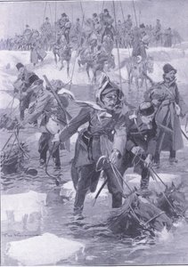 Una hazaña de equitación. Caballería rusa cruzando un río, ilustración de Cassells History of the Russo-Japanese War Vol 1, c.1900 de Johannes Hermann Barend Koekkoek