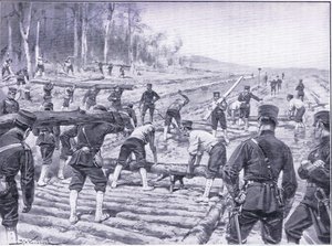 Ingenieros japoneses construyendo un camino de madera para las tropas, ilustración de Cassells History of the Russo-Japanese War Vol 1, c.1900