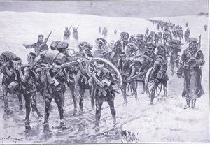 Japoneses en marcha. Hombres en lugar de ponis de carga, ilustración de Cassells History of the Russo-Japanese War Vol 1, c.1900 de Johannes Hermann Barend Koekkoek