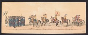 Procesión histórica de estudiantes de la Universidad de Ciencias Aplicadas de Groningen, 1850 (lámina 1) Representación disfrazada de la entrada de Maurits, Príncipe de Orange, Conde de Nassau, etc. y Willem Lodewijk, Conde de Nassau, dentro de Groningen e