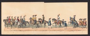 Procesión histórica de estudiantes de la Universidad de Ciencias Aplicadas de Groningen, 1850 (lámina 3) Representación disfrazada de la entrada de Maurits, Príncipe de Orange, Conde de Nassau, etc. y Willem Lodewijk, Conde de Nassau, dentro de Groningen e de Johannes Hermanus van de Weijer