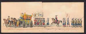 Procesión histórica de estudiantes de la Universidad de Ciencias Aplicadas de Groningen, 1850 (lámina 4) Representación disfrazada de la entrada de Maurits, Príncipe de Orange, Conde de Nassau, etc. y Willem Lodewijk, Conde de Nassau, dentro de Groningen e de Johannes Hermanus van de Weijer