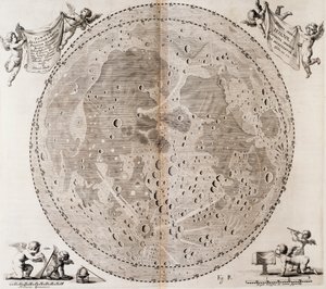 Primer mapa detallado de la Luna dibujado en 1647 por Johann Hevelius, impresión tomada del atlas celestial de Johann Hevelius 