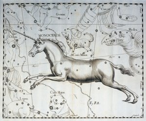 Monoceros, constelación del Unicornio, grabado del atlas celeste Firmamentum Sobiescianum sive Uronographia, de Johann Hevelius (1611-1687), Gdansk.