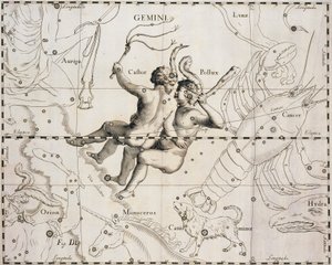 La constelación de Géminis, ilustración de Firmamentum Sobiescianum sive Uranographia, por Johann Hevelius, Gdansk 1690 de Johannes Hevelius