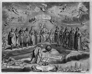 Los astrónomos famosos. Entre ellos, de izquierda a derecha: Walterus (?), Tycho Brahe (Tyge Ottesen Brahe), conocido como El noble danés o El hombre de la nariz de oro (1546-1601), Ulugh Beg (Oulough Beg, Oulugbek) (1394-1449), Timocharis de Alejandría (c de Johannes Hevelius