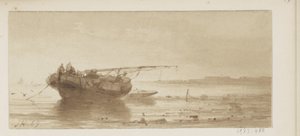Barco con vela arriada en un río de Johannes Hilverdink