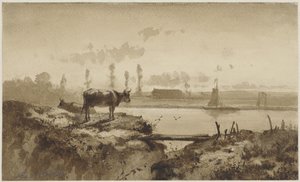 Paisaje fluvial con vaca