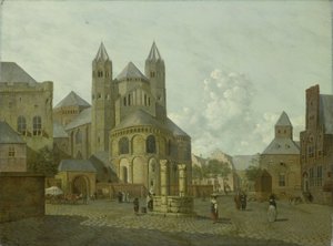 Paisaje urbano imaginario con iglesia románica