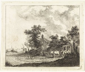 Caballo y carruaje frente a una casa de Johannes Huibert Prins