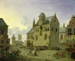 Plaza del pueblo con figuras y campesinos comerciando en un mercado de Johannes Huibert Prins