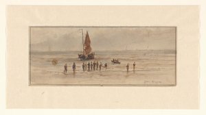 Escena de playa con pescadores y barco de vela de Johannes Huygens (signed by artist)