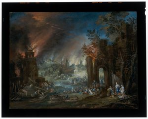 Paisaje con Lot y sus hijas y Sodoma en llamas al fondo de Johannes Jakob Hartmann