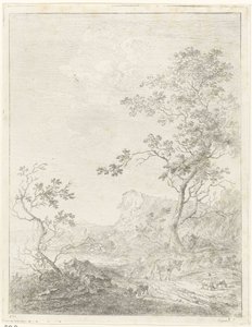 Paisaje montañoso con pastor y ganado en el camino. de Johannes Janson