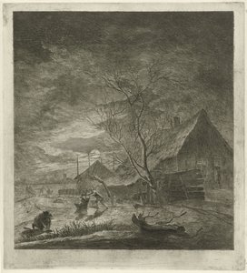 Paisaje nocturno con granja y patinadores. de Johannes Janson