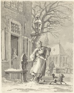 Una criada está limpiando la nieve para una casa. de Johannes Jelgerhuis