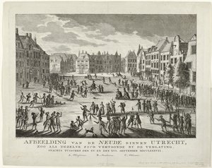 Los patriotas dejan el Neude en Utrecht, 1787 Representación de la Neude de Utrecht, tal como aparecía cuando estaba desierta en la noche del siglo XV. y el XVI. Septiembre MDCCLXXXVII (título sobre objeto) de Johannes Jelgerhuis