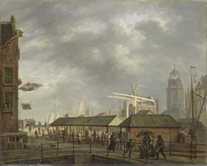 El pequeño mercado de pescado en la esquina de Brouwersgracht y Singel, Ámsterdam